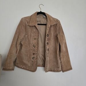 Chicos Women's Jacket Leather Open Front Collared W/ Lining Embroidery